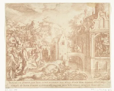 Christus komt aan bij het huis van Lazarus, Marta en Maria Magdalena