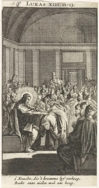 Christus legt zijn hand op de krom getrokken vrouw
