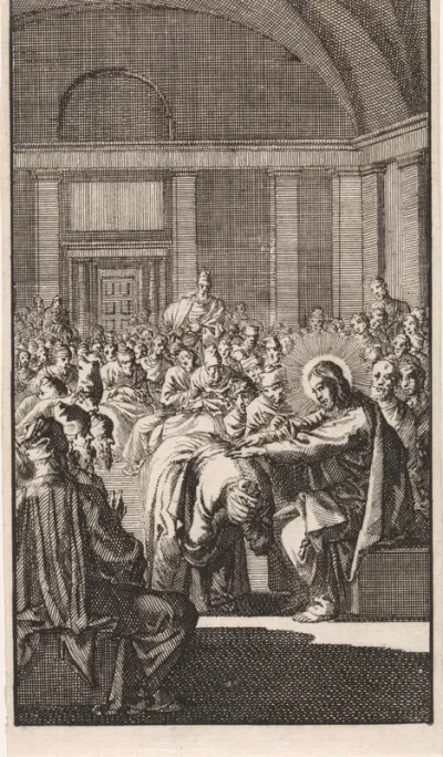 Christus legt zijn hand op de krom getrokken vrouw