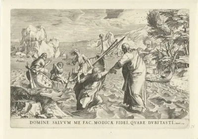 Christus loopt over het water en redt Petrus