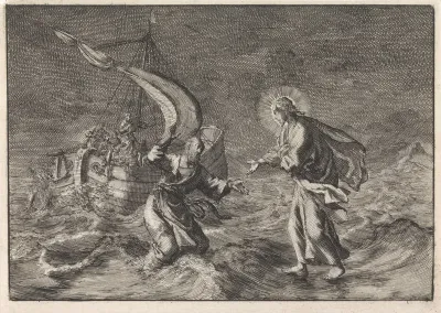 Christus loopt over het water tijdens een storm op het meer van Galilea