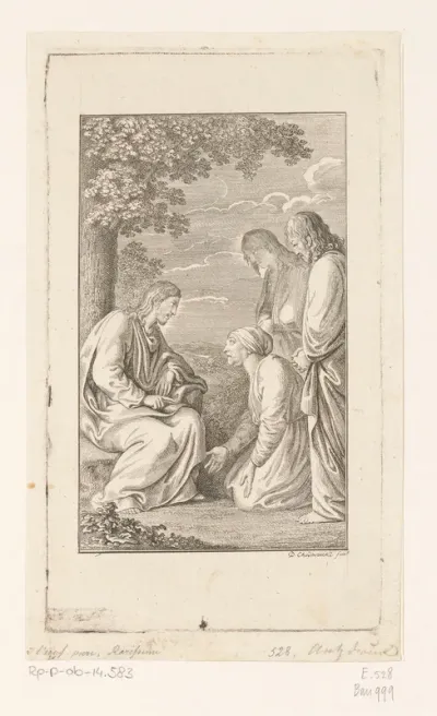 Christus luistert naar de knielende vrouw van Zebedeüs, Jakobus en Johannes staan achter hun moeder