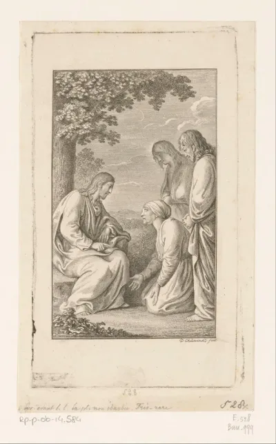 Christus luistert naar de knielende Zebedeüs, Jakobus en Johannes staan achter hun moeder