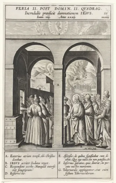 Christus met de farizeeën in gesprek in de tempel