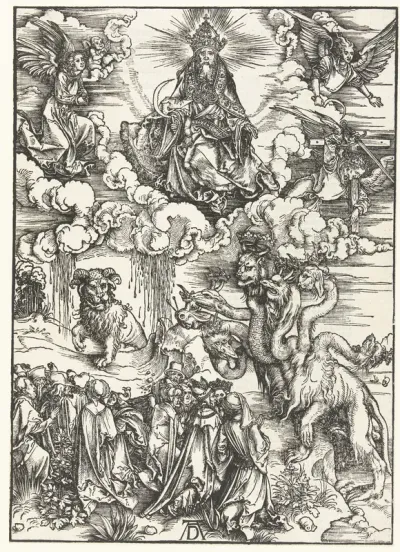 Christus met een sikkel, het beest met de hoorns als van een lam en de zevenkoppige draak