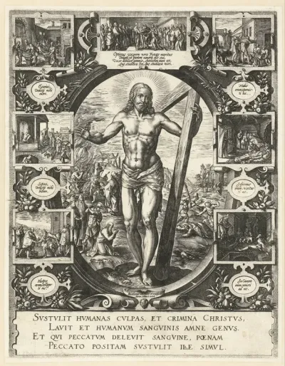 Christus met het kruis en de Werken van Barmhartigheid