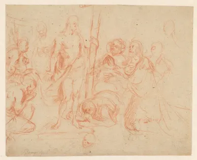 Christus met het kruis, omringd door knielende figuren