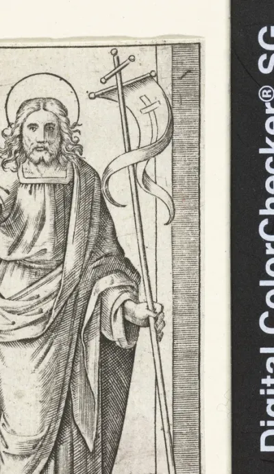 Christus met kruisvaandel maakt zegenend gebaar