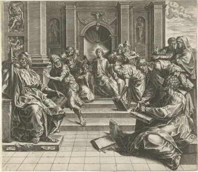 Christus, op 12-jarige leeftijd, in discussie met de schriftgeleerden
