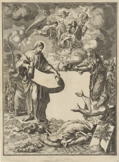 Christus opent een boekrol voor de personificatie van Berouw en de Mensheid