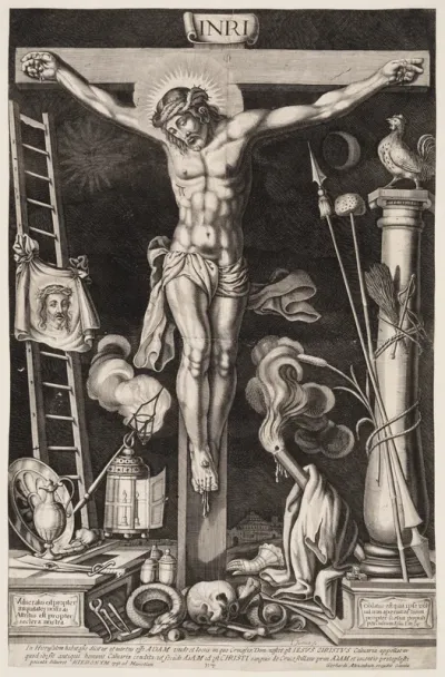 Christus på korset omgivet af passionsinstrumenter