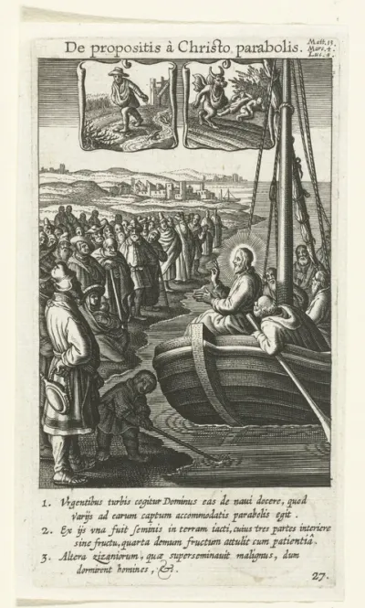 Christus predikt vanuit een boot de parabel over de zaaier