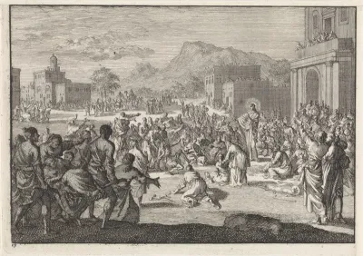 Christus spreekt tot een menigte op een plein.