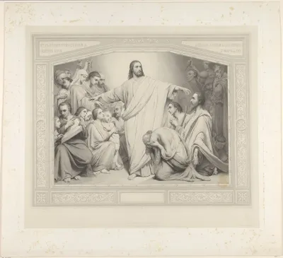 Christus tussen knielende mensen