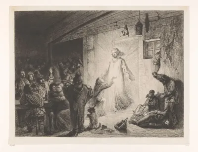 Christus verschijnt in een herberg, een jonge vrouw knielt voor hem neer