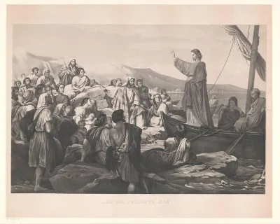 Christus vertelt gelijkenissen vanaf een boot