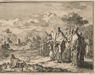 Christus wijst zijn discipelen op een klokhen die haar kuikens onder haar vleugels verzamelt
