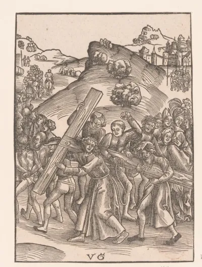 Christus wordt bij het dragen van het kruis geholpen door Simon van Cyrene