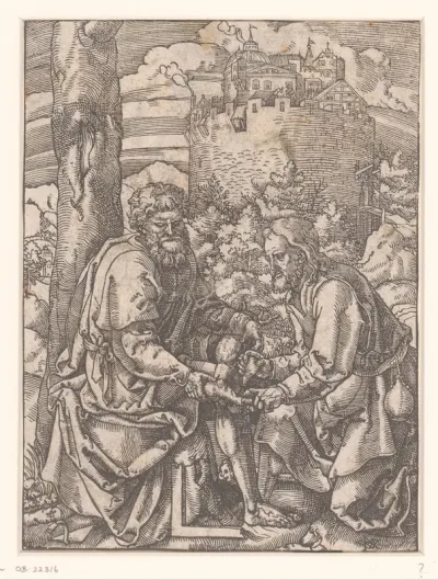 Christus zalft de voeten van een zittende man met als attributen een troffel en een winkelhaak; misschien Christus die de apostel Thomas troost op zijn reis naar India