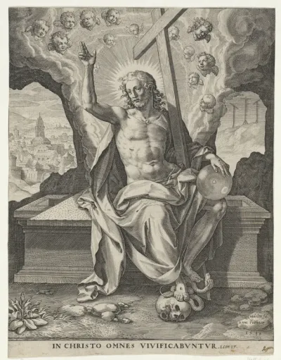 Christus zittend op het graf