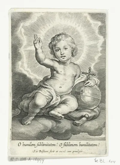 Christuskind als Salvator Mundi zittend op wolk