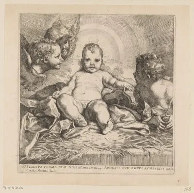 Christuskind in de kribbe met twee engelen en Johannes de Doper aan zijn zijde