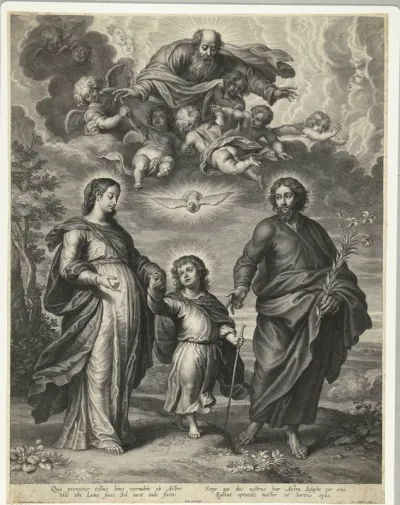 Christuskind loopt tussen Maria en Jozef met boven hen God, Heilige Geest en engelen