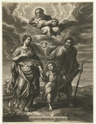 Christuskind loopt tussen Maria en Jozef met God en Heilige Geest