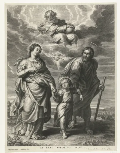 Christuskind loopt tussen Maria en Jozef met God en Heilige Geest