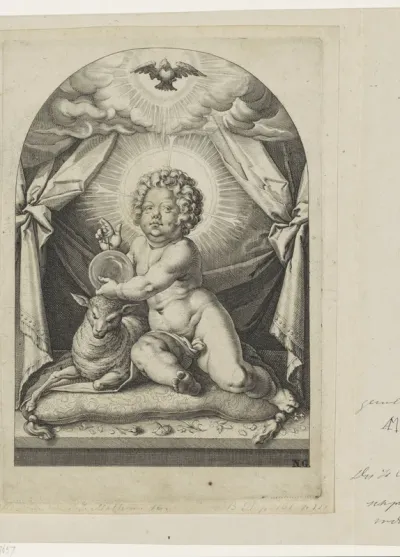 Christuskind met lam zittend op een kussen