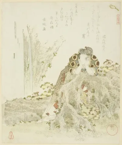 Chrysanthemum Boy leaning on a rock, from the series "Five Prints on Longevity (Kotobuki goban no uchi)