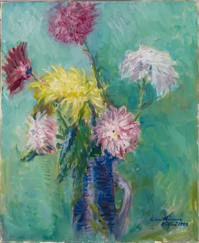Chrysanthemums in a Blue Jug