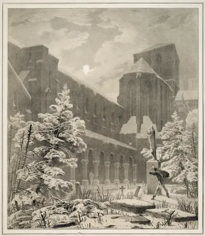 Church and Graveyard in the Snow by Moonlight