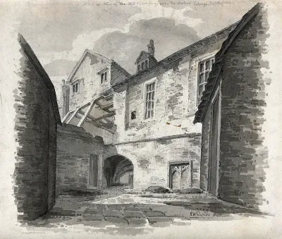 Church of St. Bartholomew the Great and surrounding area; a building which is being used as a warehouse. Pen and ink drawing with wash by C.M.J. Whichelo, 1803