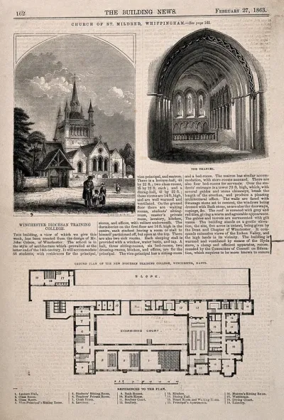 Church of St. Mildred, Whippingham: Winchester Diocesan Training College floor plan. Wood engraving by O. Jewitt, 1863