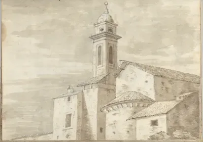 Church with a tower and tiled roof, at Rome (Smaller Italian sketchbook, leaf 36 recto)