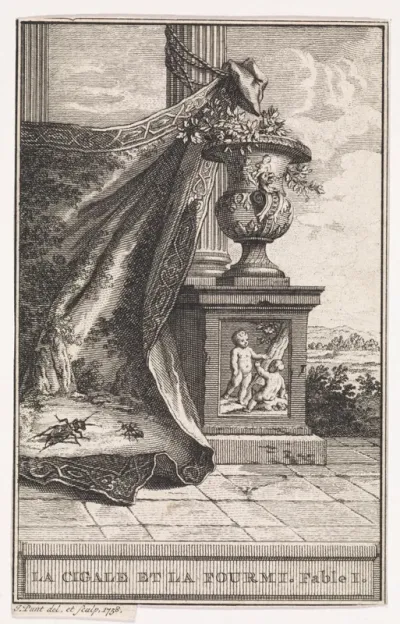 Cicade en mier op een kleed
