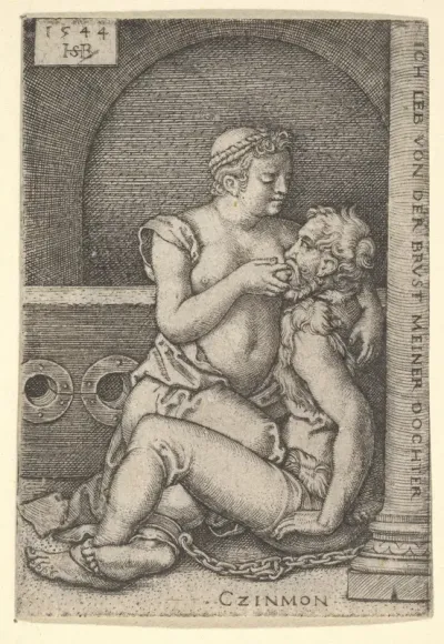 Cimon seated against a column at right, suckling from Pero who is kneeling next to him