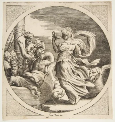 Circe drinking from a cup with the companions of Ulysses in a boat at left, a circular composition