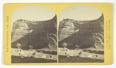 Circle Walls, Cañon de Chelle. Here the Cañon bends from an easterly direction nearly due north, the walls maintaining a perpendicular height of about 1.200 feet, No. 22 from the series "Geographical Explorations and Surveys West of the 100th Meridia