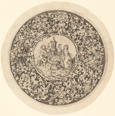Circular Ornament with Musicians Playing near a Well