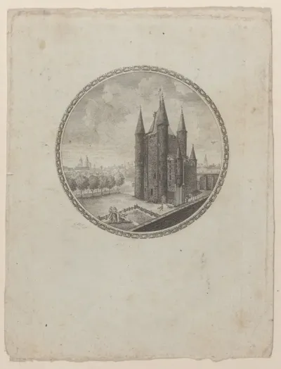 Circular view of the Conciergerie with hidden silhouettes of the Royal family in the clouds