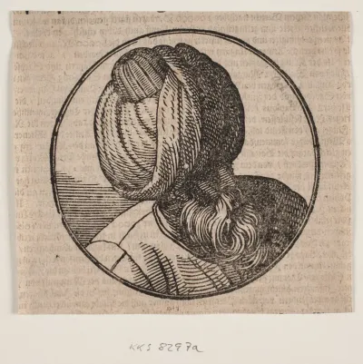 Cirkulær medaljon med brystbillede af mand med turban, set diagonalt oppe fra, 3/4 profil t.h.
