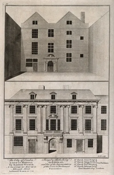 City of London Lying-in Hospital: views of the front elevation and the courtyard elevation