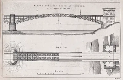 Civil engineering: plan and elevation of the Coblenz railway bridge, Germany