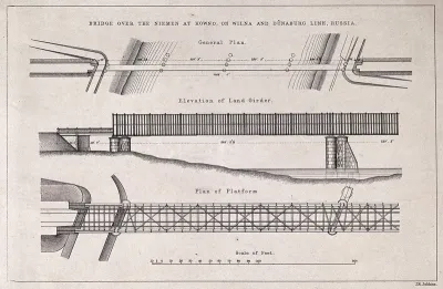Civil engineering: plan and elevation of the Kowno railway bridge, Russia