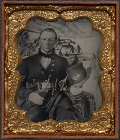 Civil War soldier with painted bivouac background