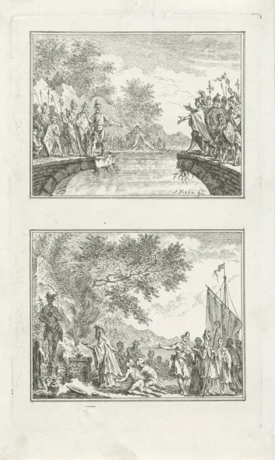 Civilis en Cerialis onderhandelen op de afgebroken brug, 69-70, en Willibrord bij een niet-christelijke offerceremonie, 700