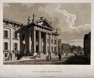 Clarendon printing house, Oxford: with a glimpse of the Sheldonian Theatre behind