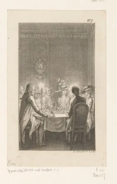 Clarissa aan tafel bij Lovelace en zijn vrienden